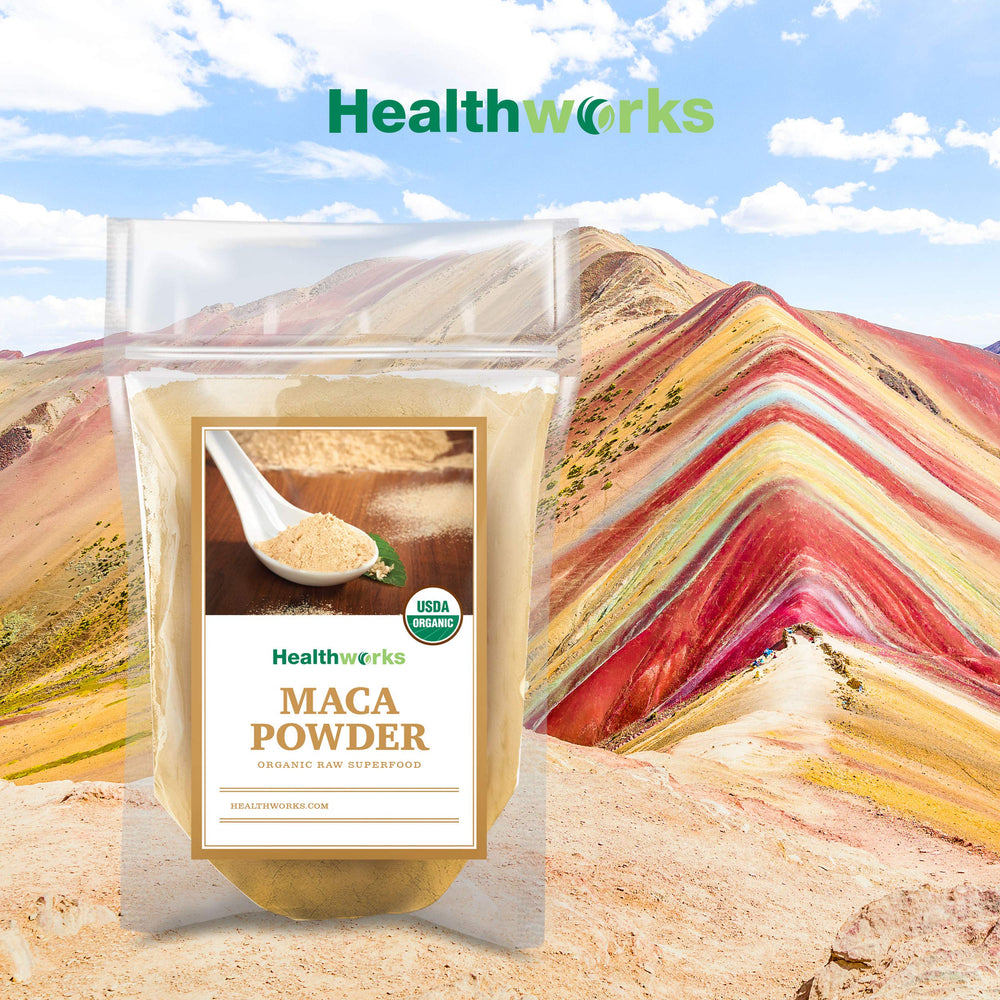 Healthworks Maca Powder ingredients panel—certifications and non-GMO promise.