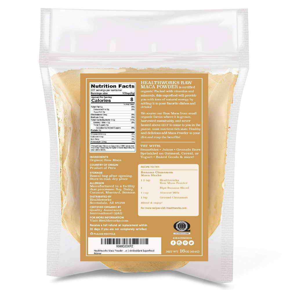 Healthworks Maca Powder measuring scoop highlights easy portioning for smoothies and baking.