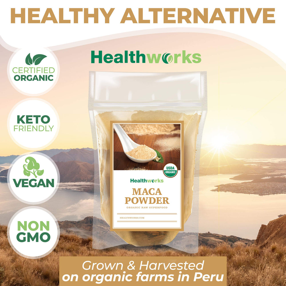 Healthworks Maca Powder oatmeal-bowl emphasizes fiber-rich, energizing breakfast option.