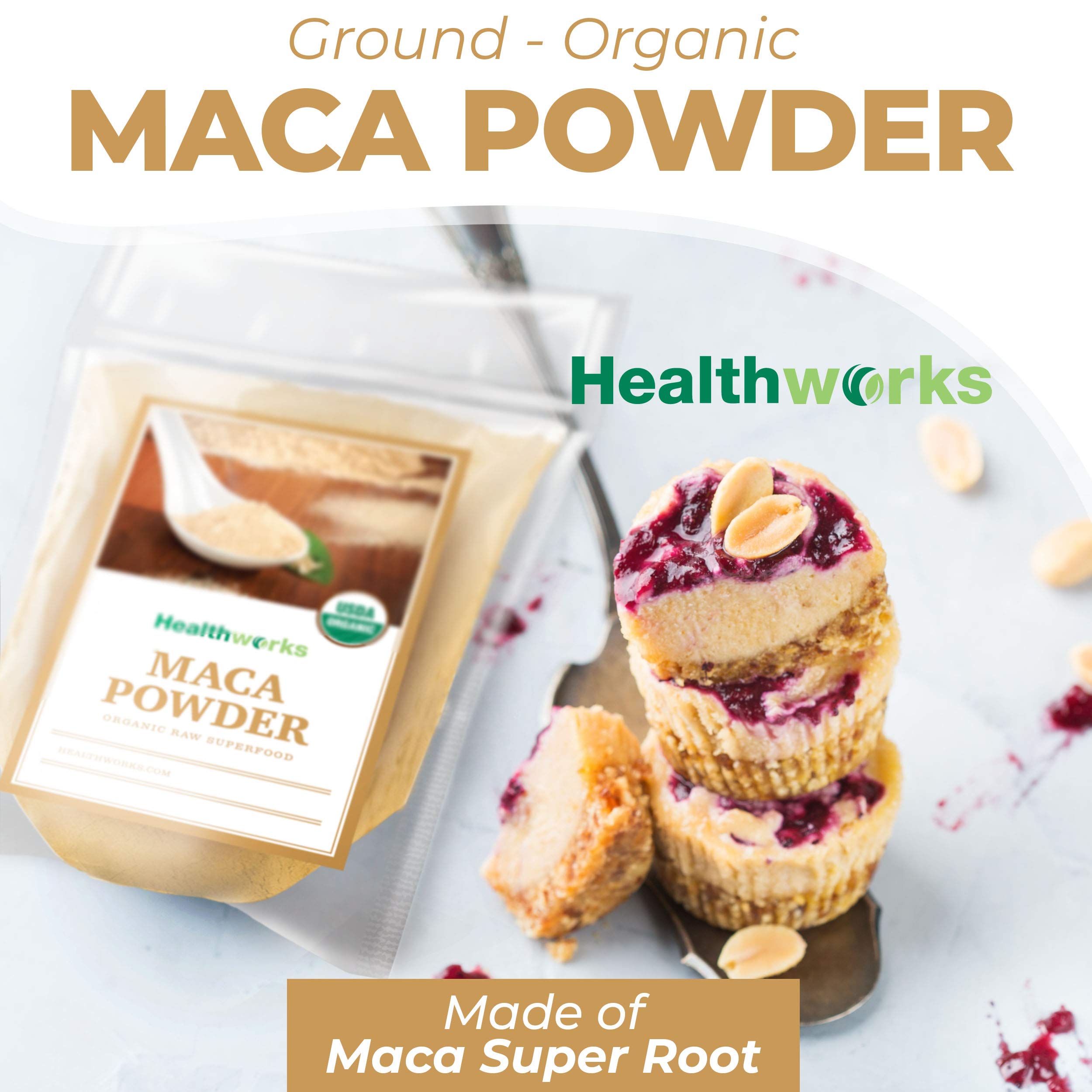 Healthworks Maca Powder package closeup—peruvian origin and rich nutrients for daily vitality.