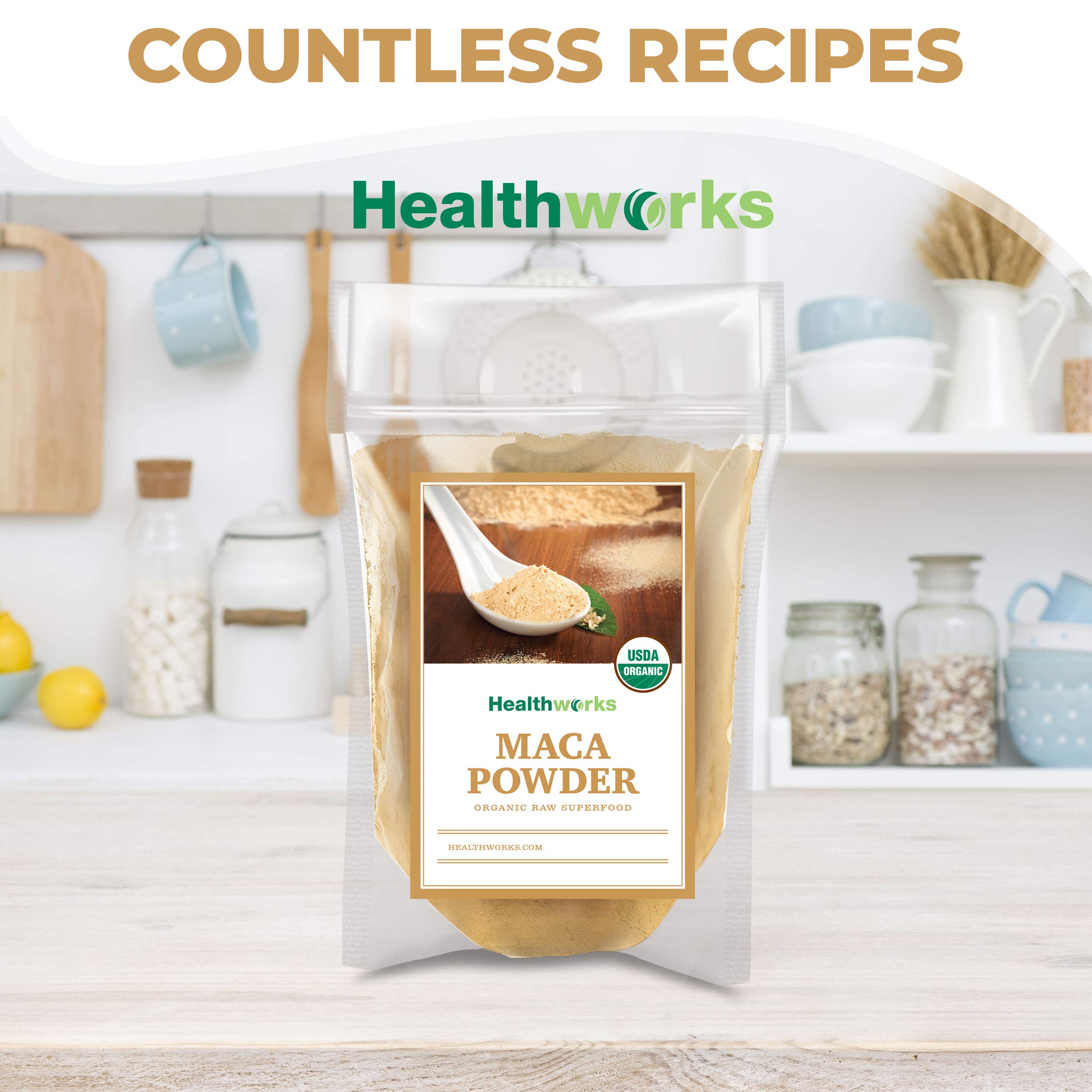 Healthworks Maca Powder Peruvian origin bottle reinforces premium quality and ethical sourcing.