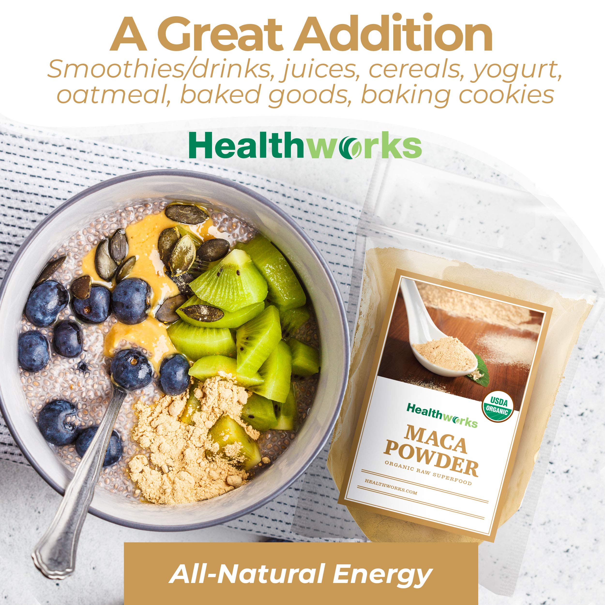 Healthworks Maca Powder smoothie glow demonstrates vibrant nutrition for morning routines.