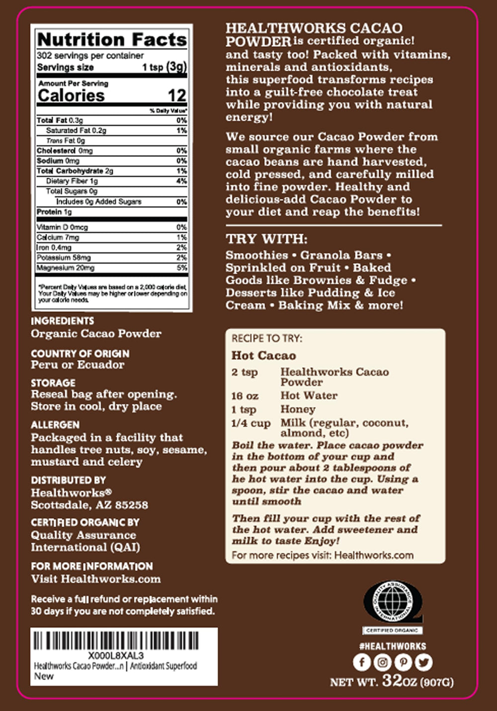 Healthworks Organic Cacao Powder fine milled texture for smooth baking