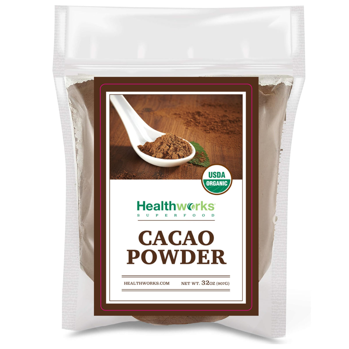 Healthworks Organic Cacao Powder peruvian bean label shows organic certification