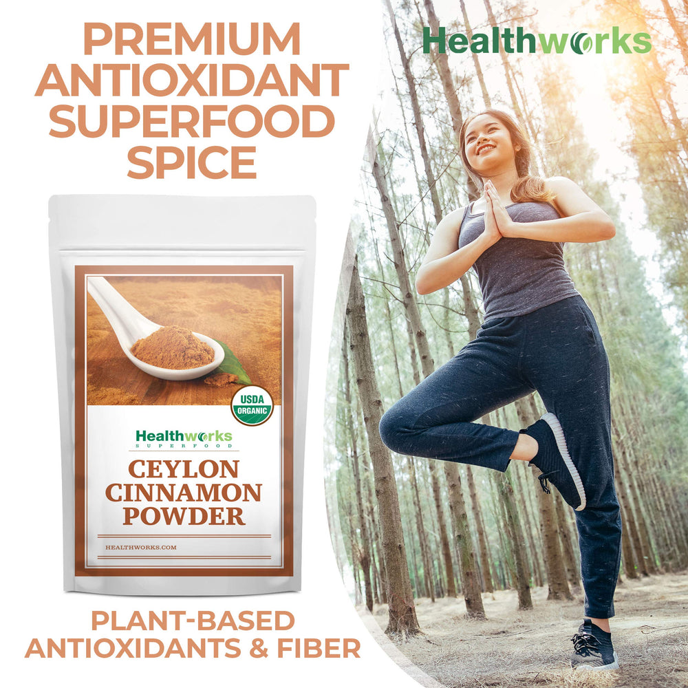 Healthworks Organic Cinnamon Powder label showing organic certification