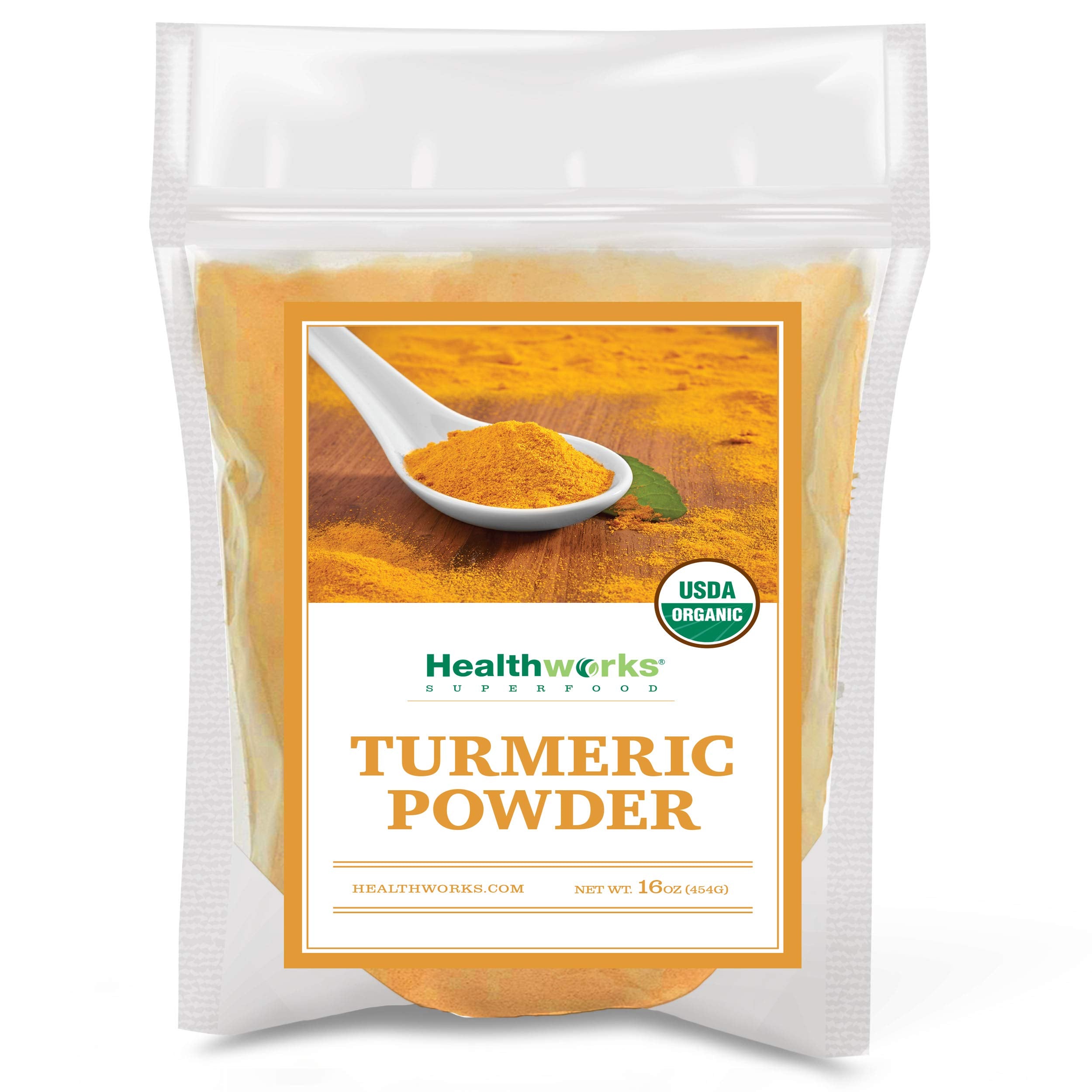 Healthworks Organic Turmeric Powder 16oz jar adds warm aroma to curries.
