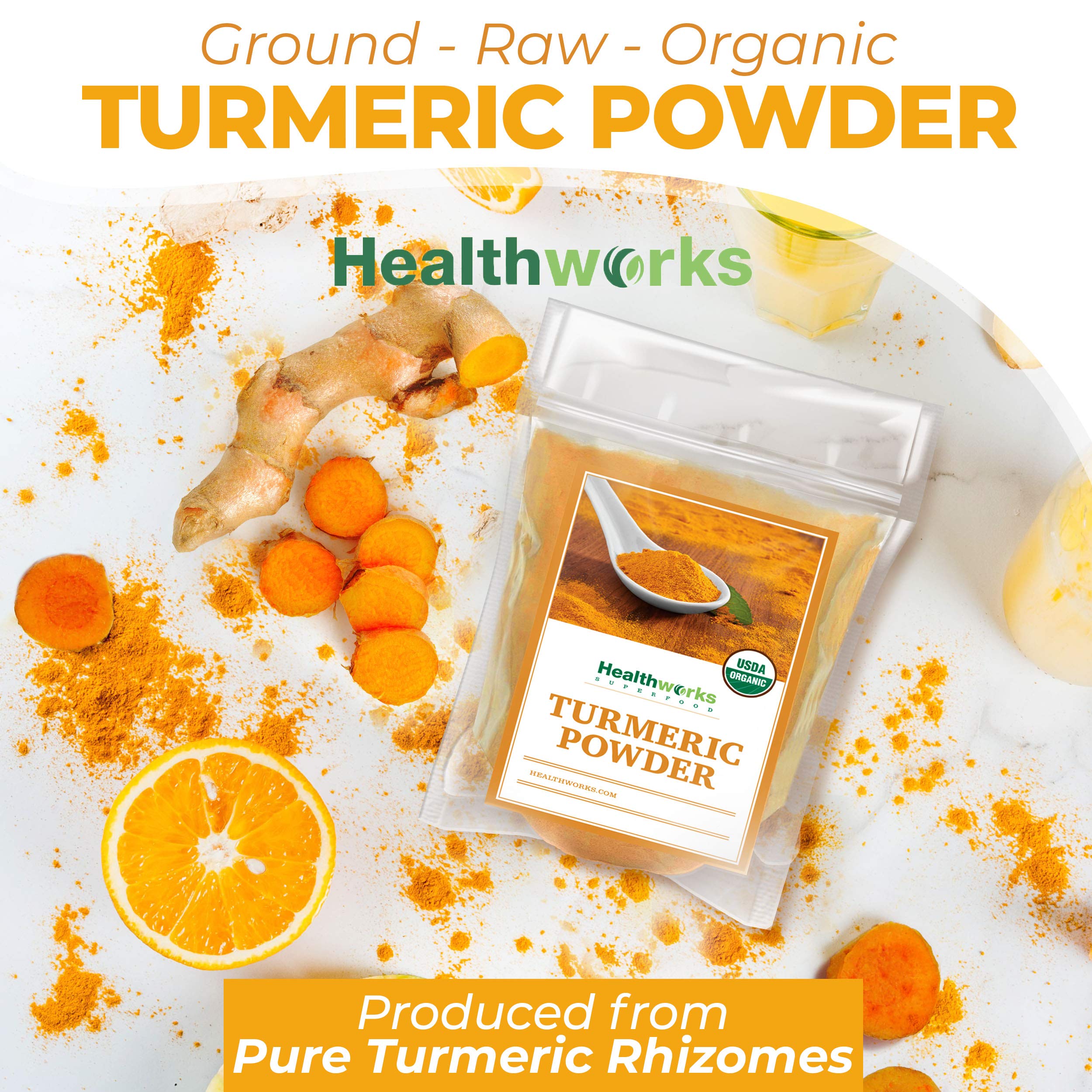 Healthworks Organic Turmeric Root close-up shows natural origin and color.