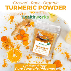 Healthworks Organic Turmeric Root close-up shows natural origin and color.