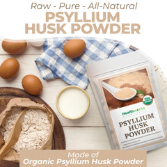 Healthworks Psyllium Husk Powder bag highlights organic non GMO fiber for gluten free baking