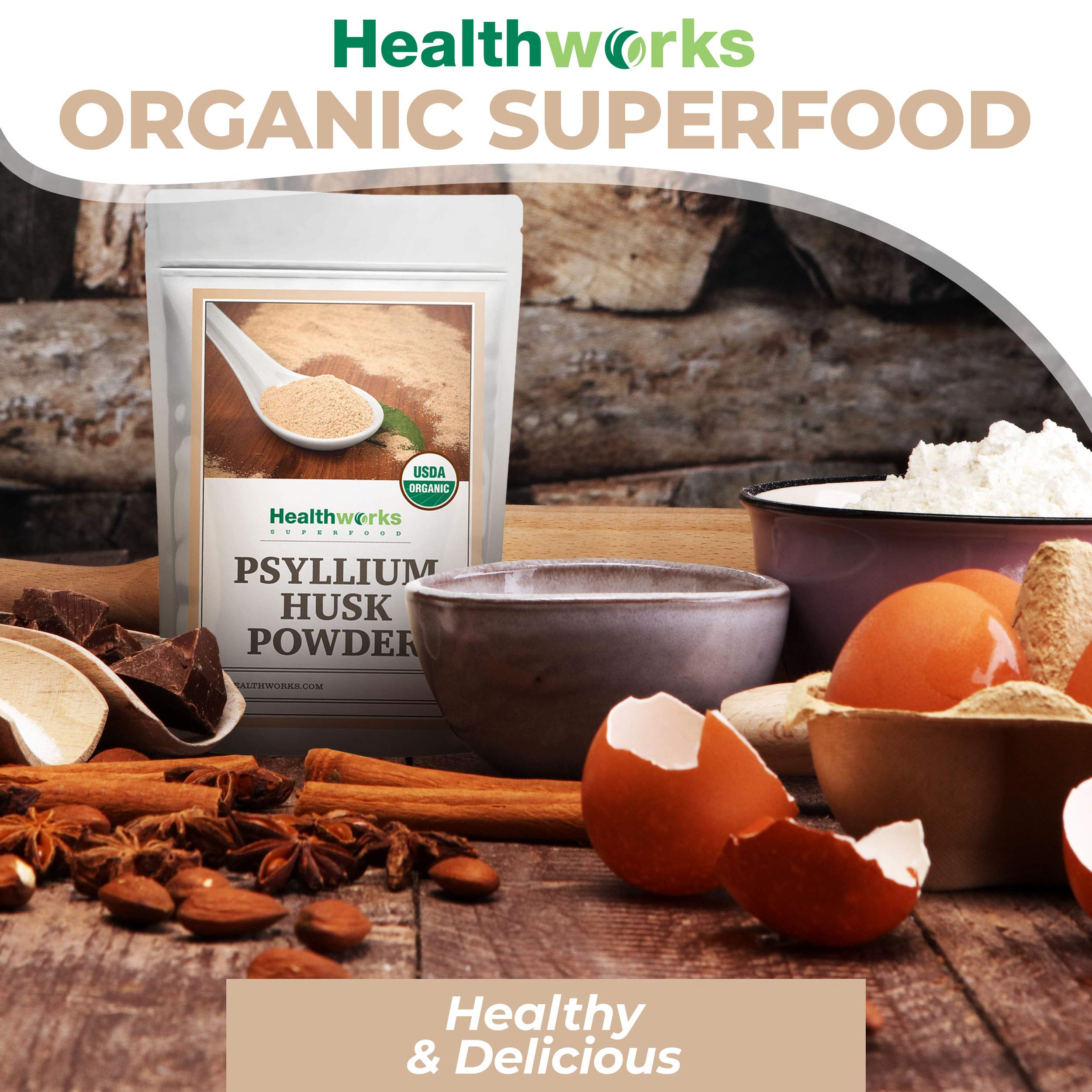 Healthworks Psyllium Husk Powder in baking scene suggests gluten free breads and muffins
