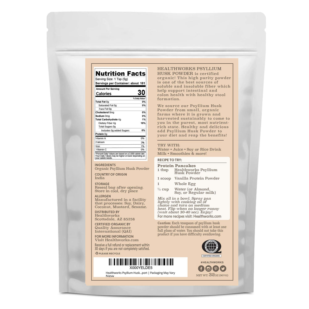 Healthworks Psyllium Husk Powder with measuring spoon ideal for quick liquid mixes