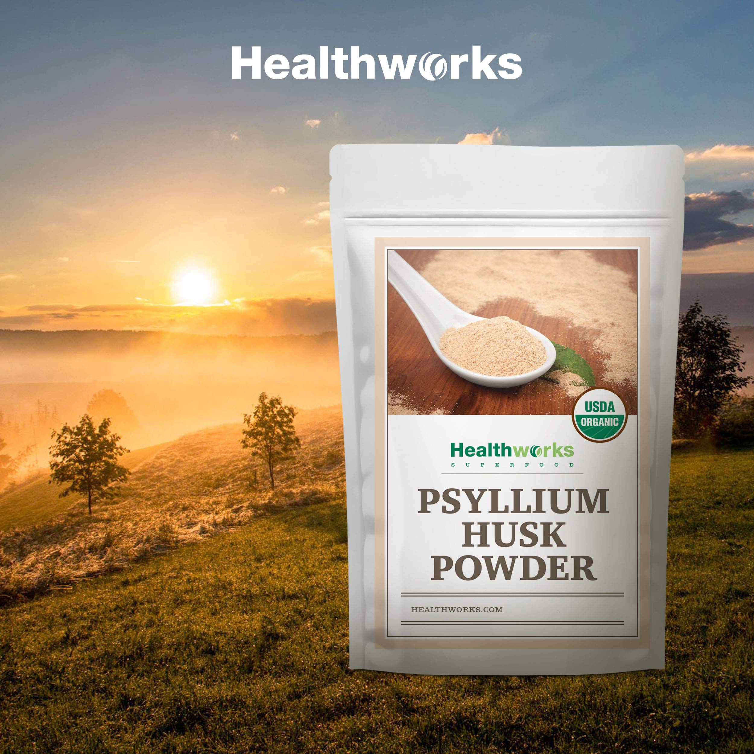 Healthworks Psyllium Husk Powder on kitchen counter emphasizes certified organic sourcing