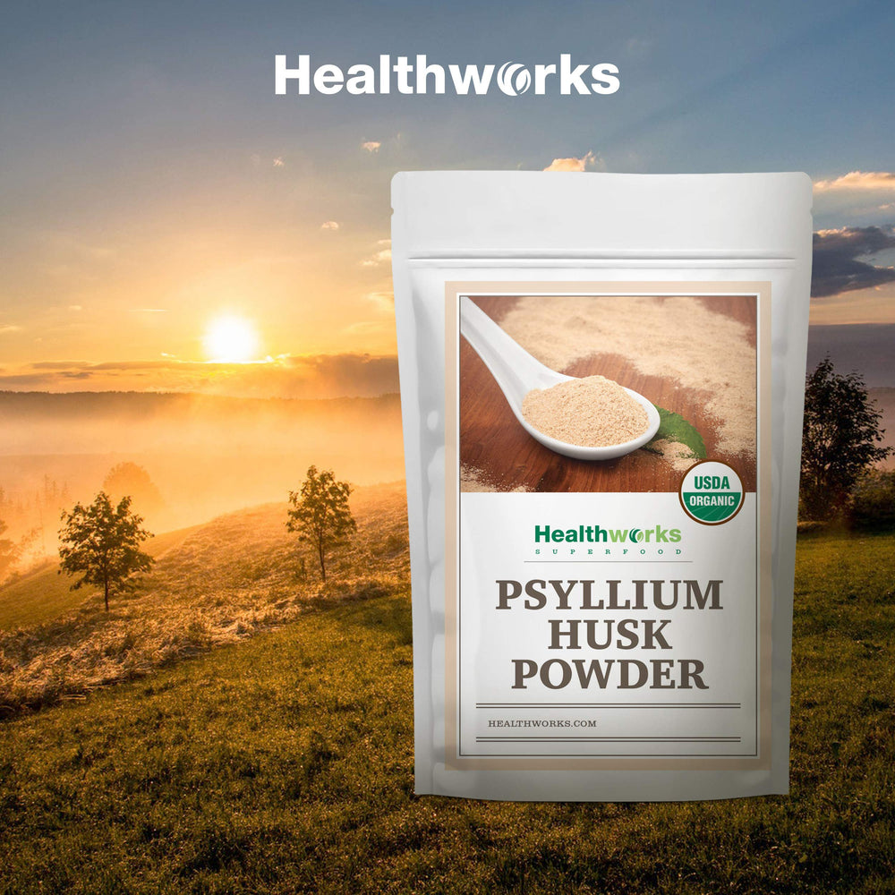 Healthworks Psyllium Husk Powder on kitchen counter emphasizes certified organic sourcing