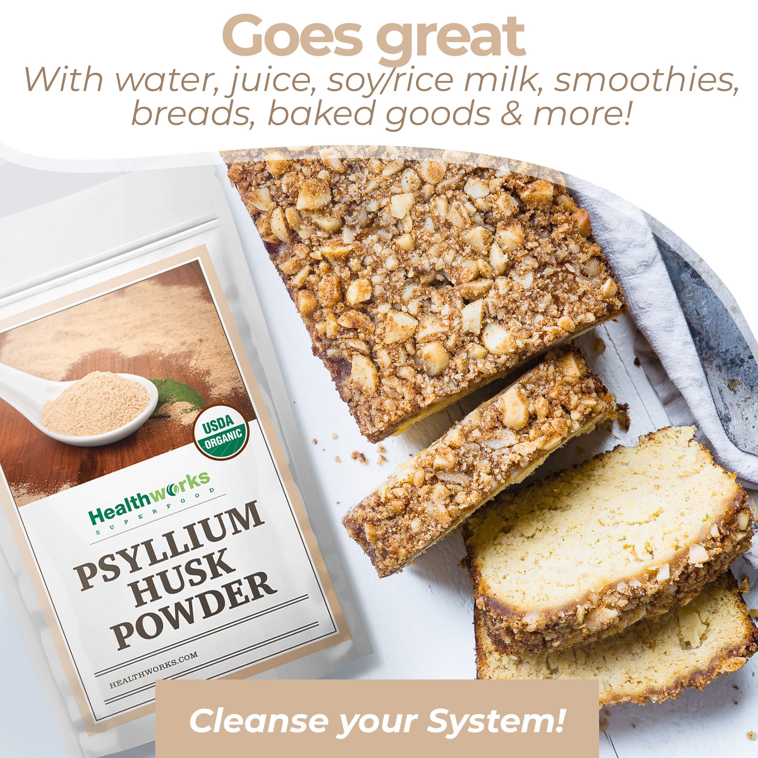 Healthworks Psyllium Husk Powder close up reveals finely ground texture for easy blending