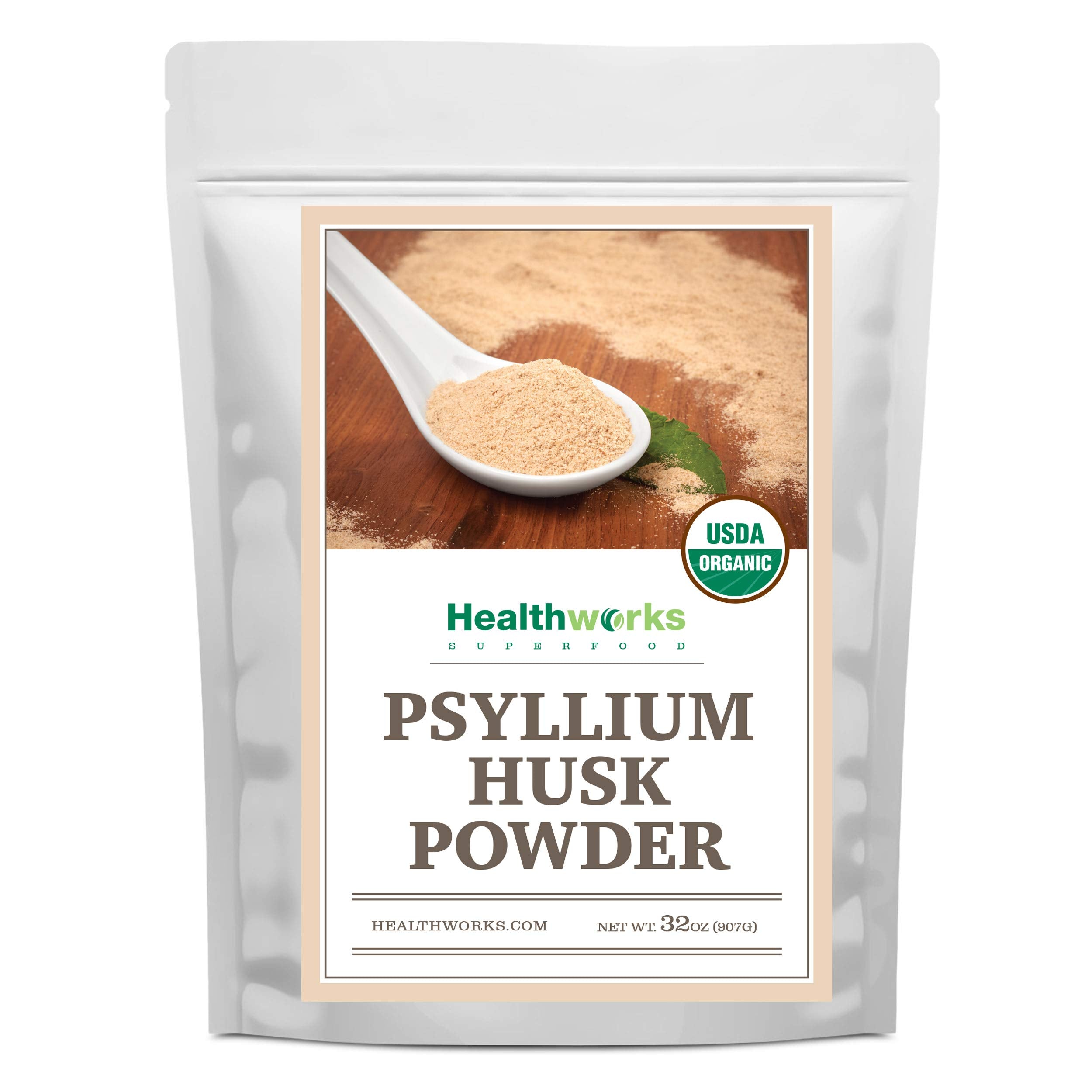 Healthworks Psyllium Husk Powder with scoop shows fiber rich powder for smoothies