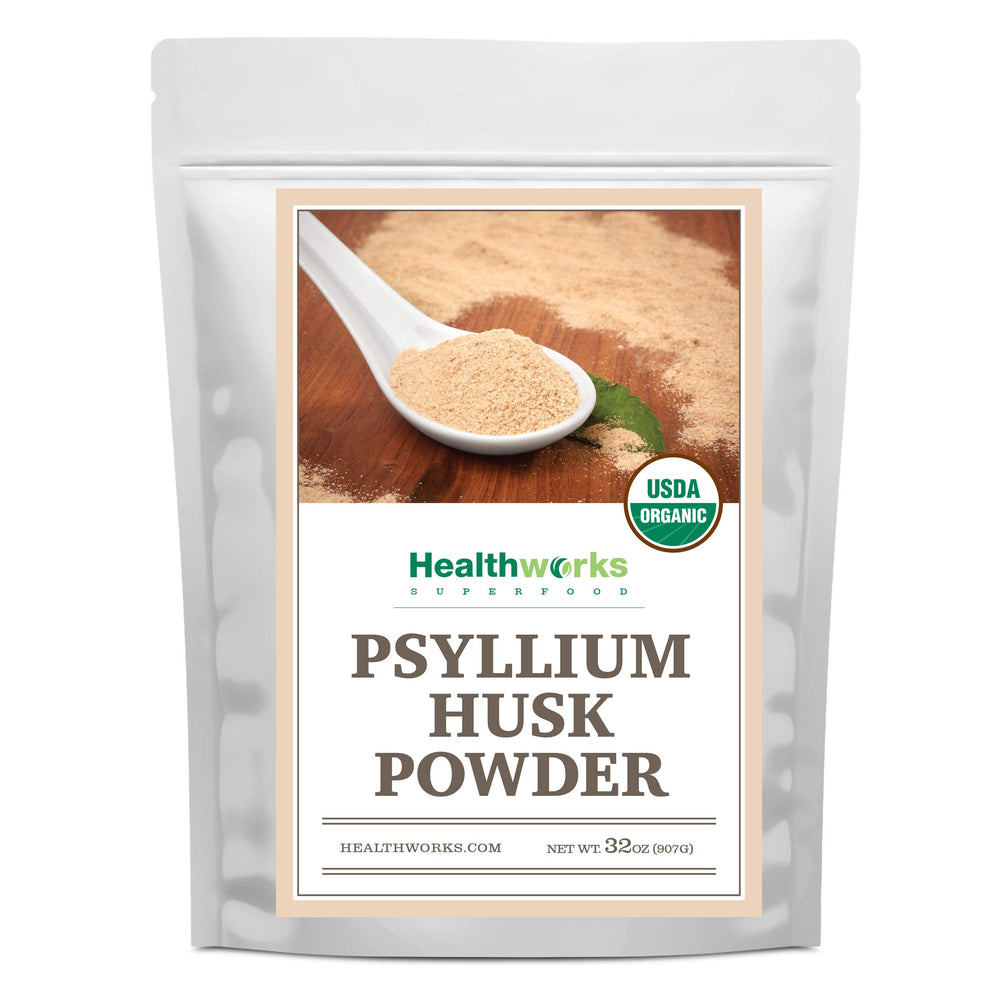 Healthworks Psyllium Husk Powder with scoop shows fiber rich powder for smoothies