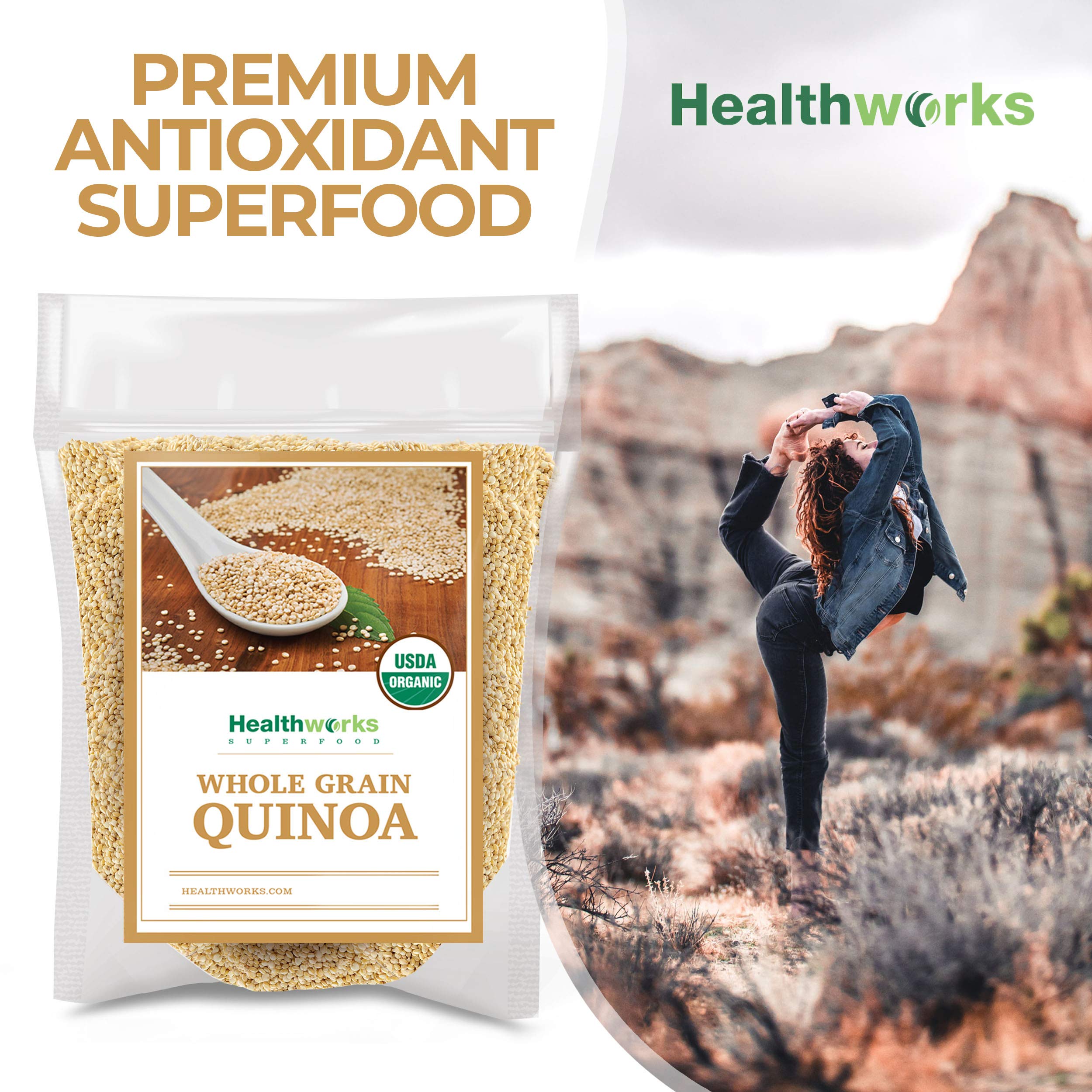 Healthworks Quinoa plant-based protein nutrition chart highlights iron and fiber