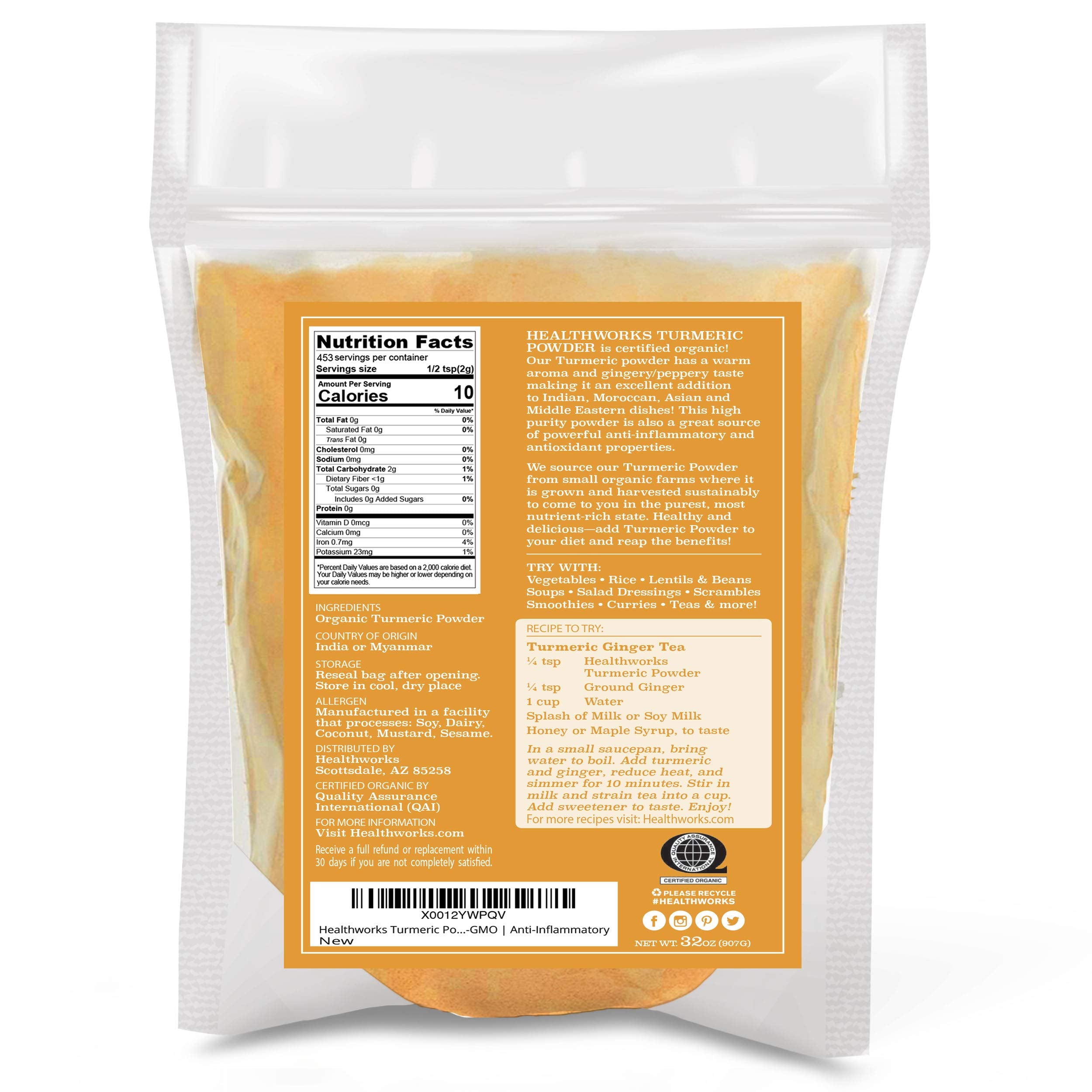 Healthworks Turmeric Powder Organic close-up highlights vibrant color for dressings.