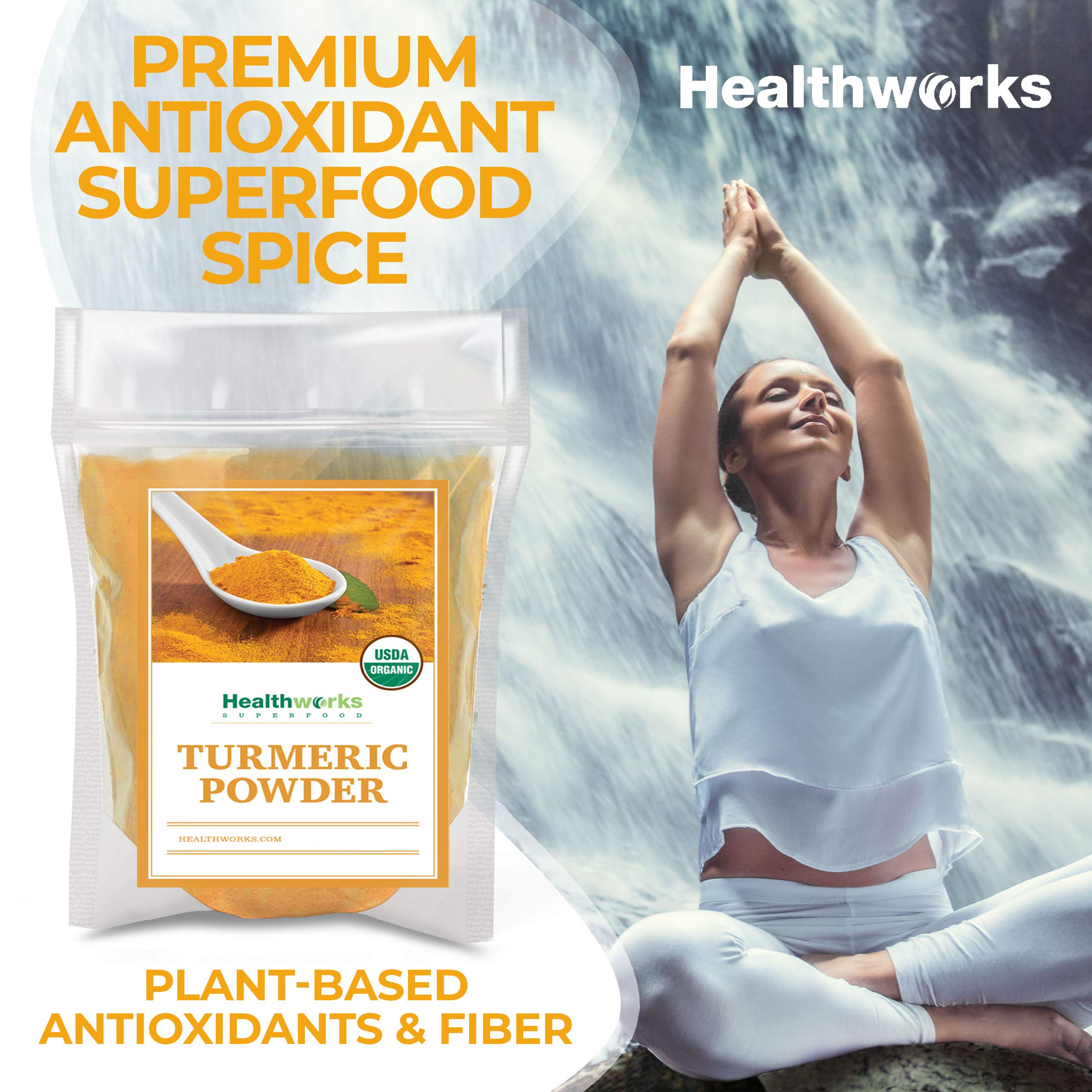 Healthworks Turmeric Powder jar on lamb dish emphasizes spice pairing.