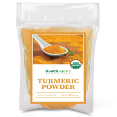 Healthworks Turmeric Powder Organic 32oz bottle shows warm aroma for cooking.