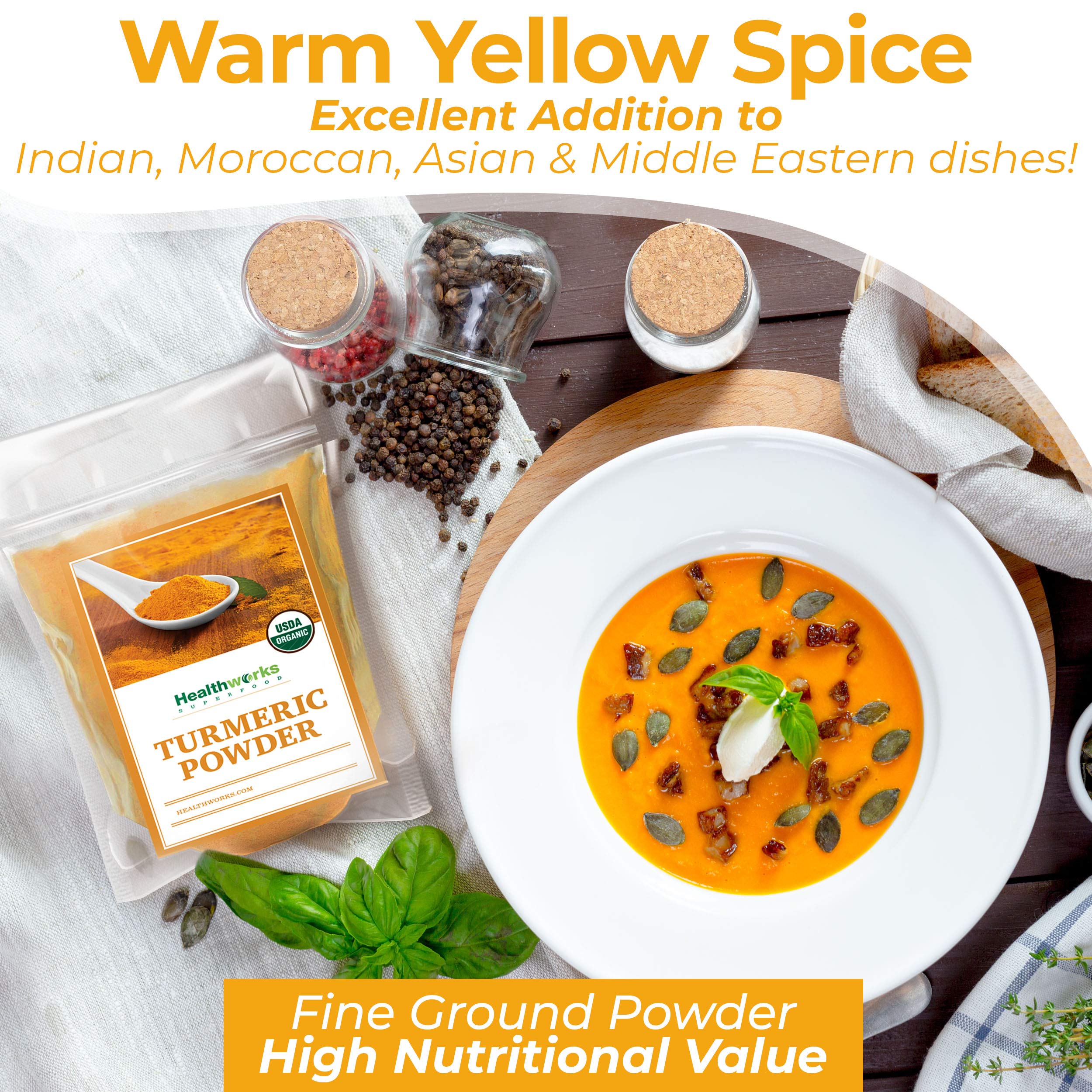 Healthworks Turmeric Powder being poured for a golden hue in sauces.