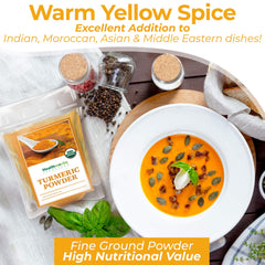 Healthworks Turmeric Powder being poured for a golden hue in sauces.