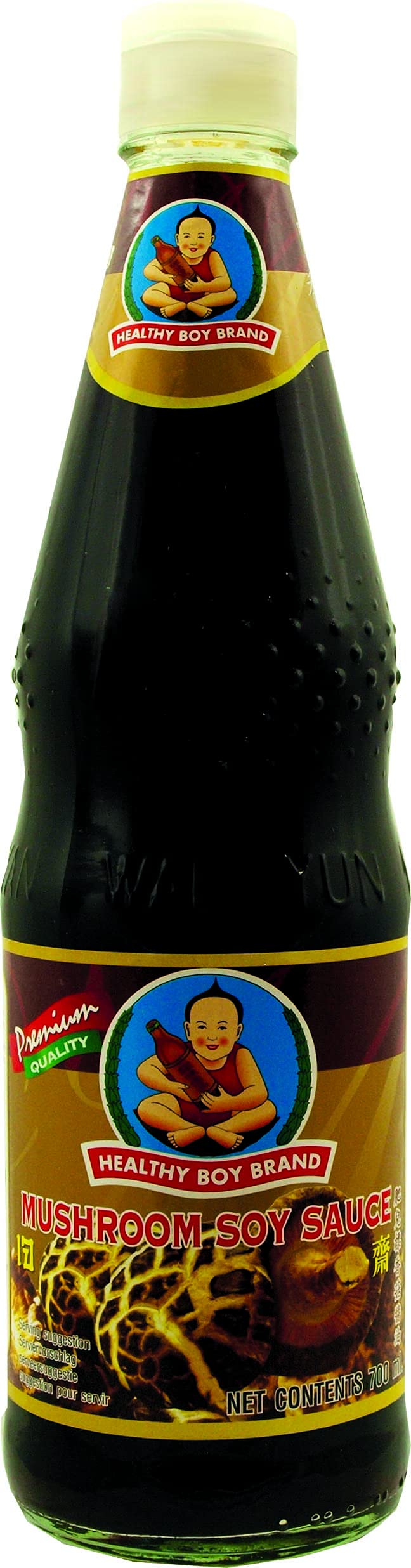Healthy Boy mushroom soy sauce bottle showcasing 23.5 oz size for rich flavor
