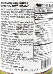 Healthy Boy Thai Mushroom Thin Soy Sauce label close-up for authentic flavor.