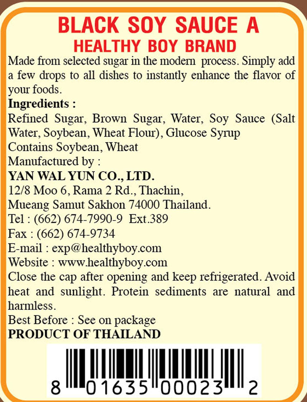 Close-up of Healthy Boy Thai Black Soy Sauce glass bottle for authentic Thai cooking.