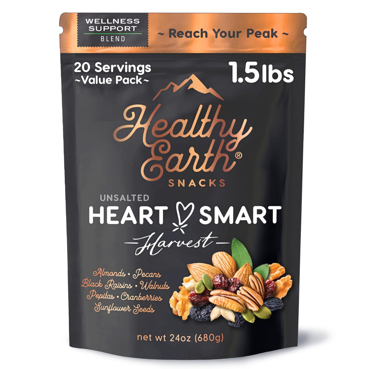 Healthy Earth Oh! Mega Medley bag front shows premium unsalted mixed nuts for a clean snack.