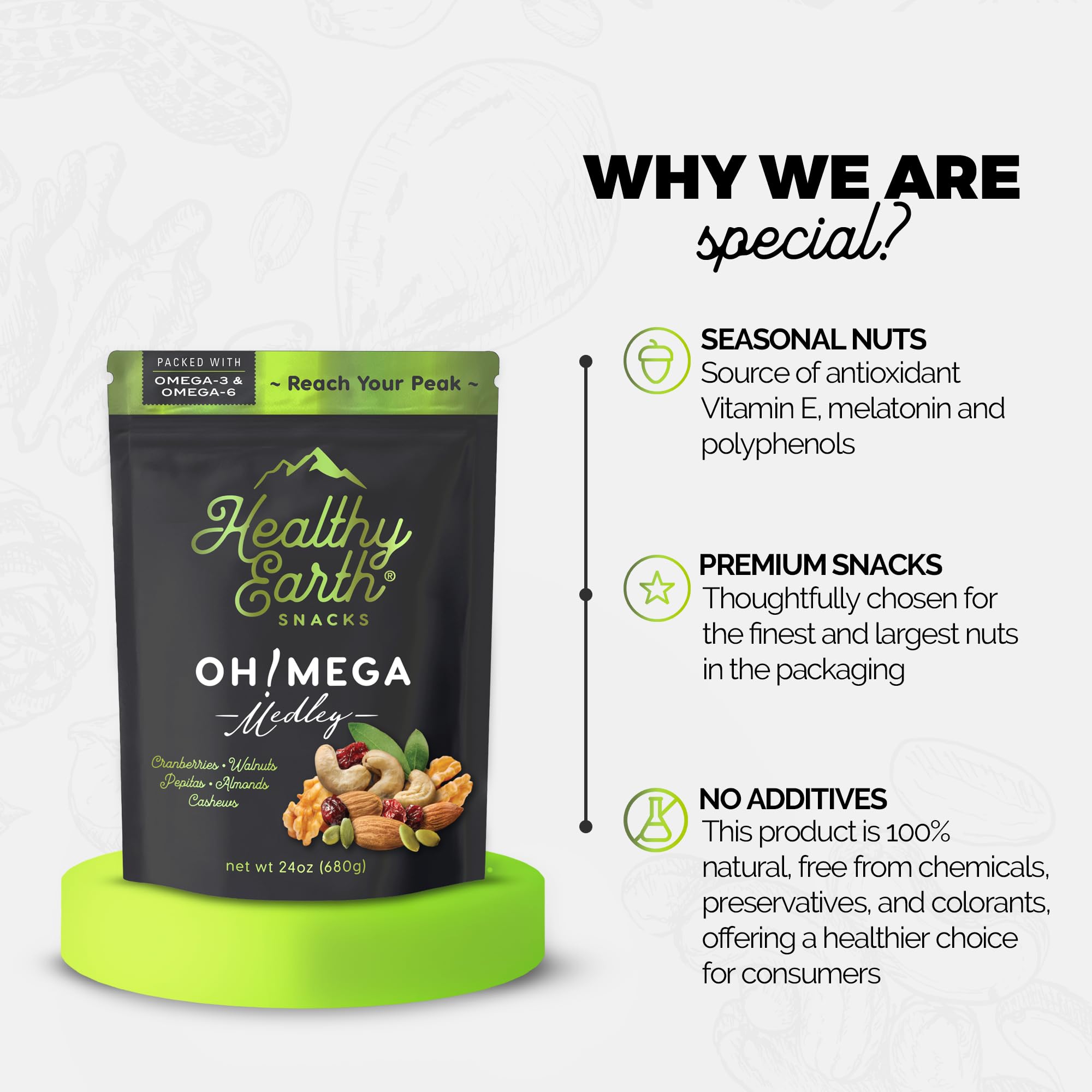Healthy Earth Oh Mega Medley high-fiber mix with dried fruits.