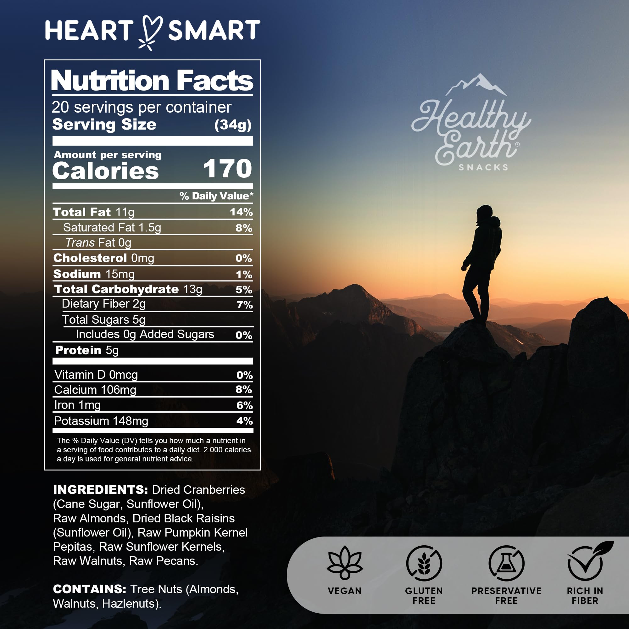 Healthy Earth Oh! Mega Medley ingredients spread highlights diverse nuts and fruits for balanced nutrition.