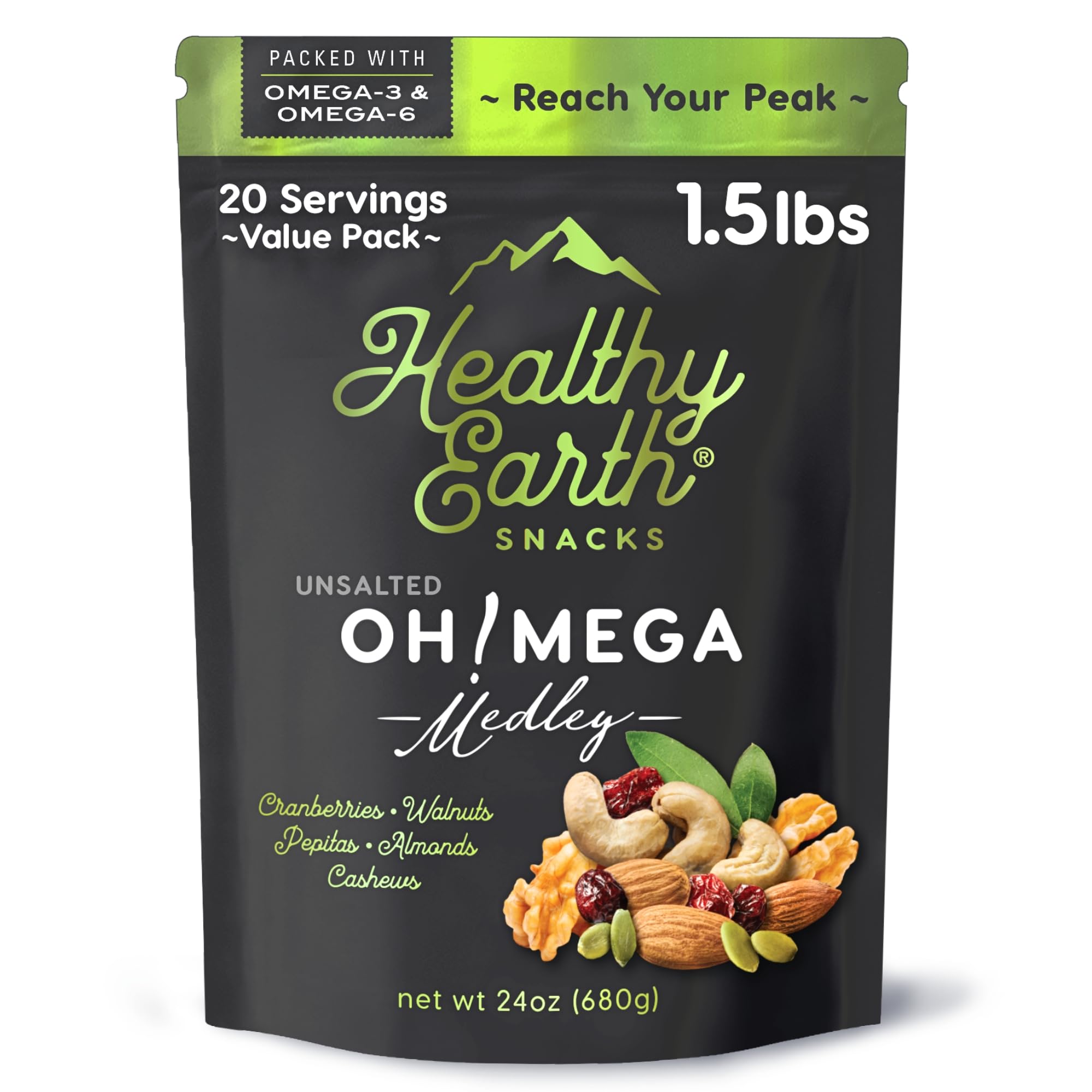 Healthy Earth Oh Mega Medley mixed nuts unsalted in a bowl, ideal on-the-go protein.
