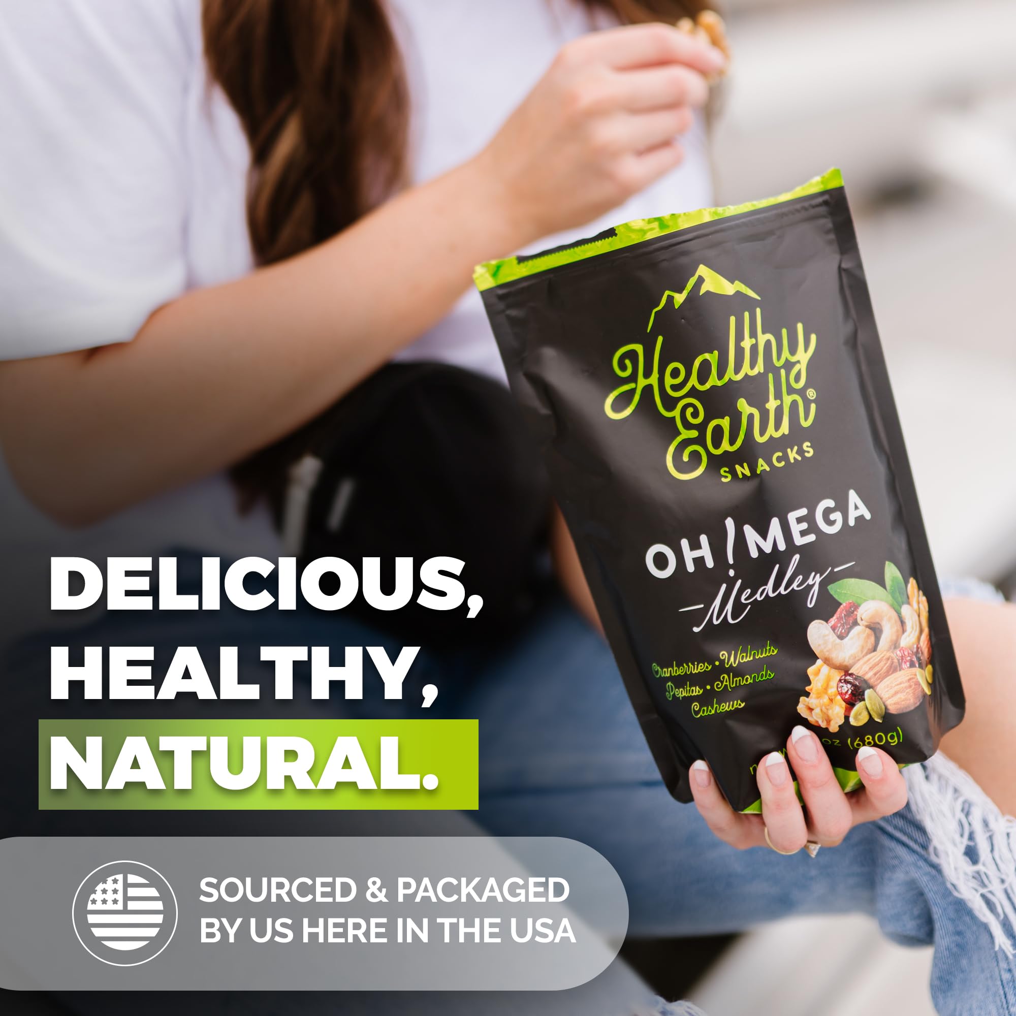 Healthy Earth Oh Mega Medley sustainably sourced ingredients showcased.
