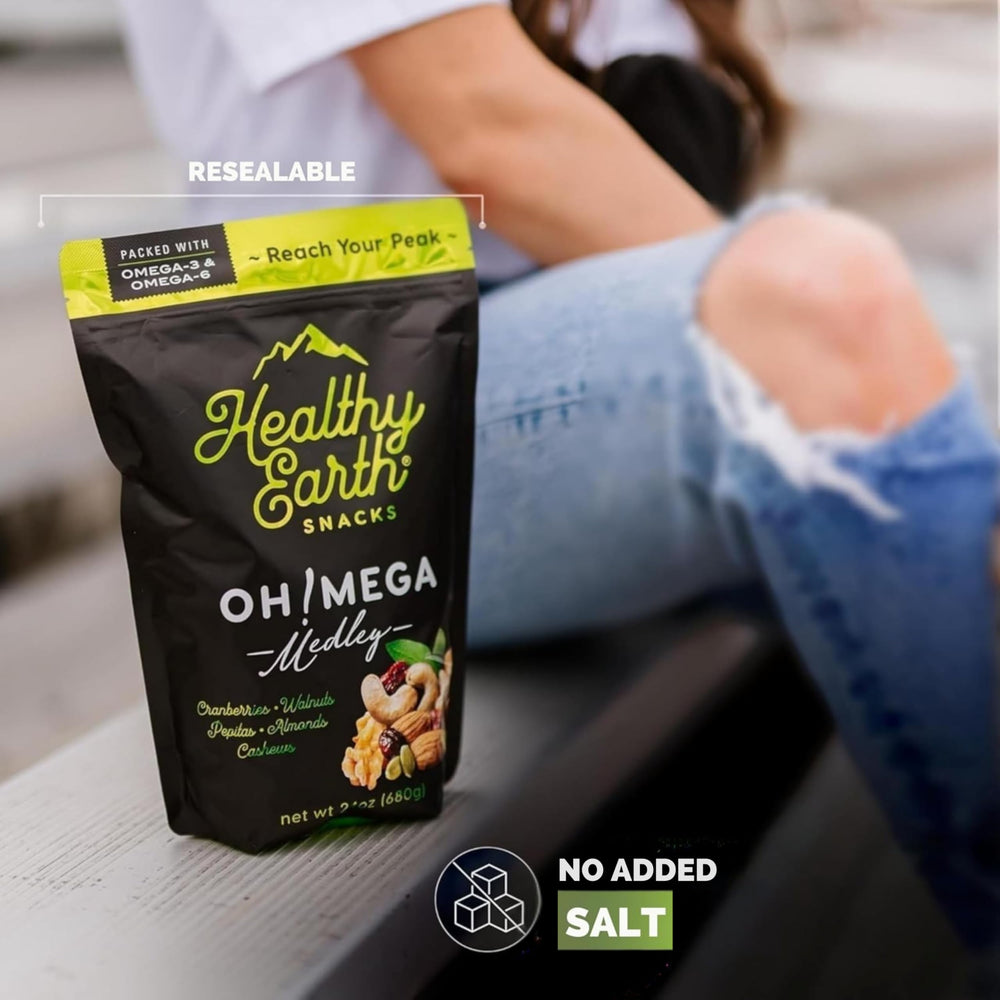 Healthy Earth Oh Mega Medley vegan preservative-free blend, clean ingredients.