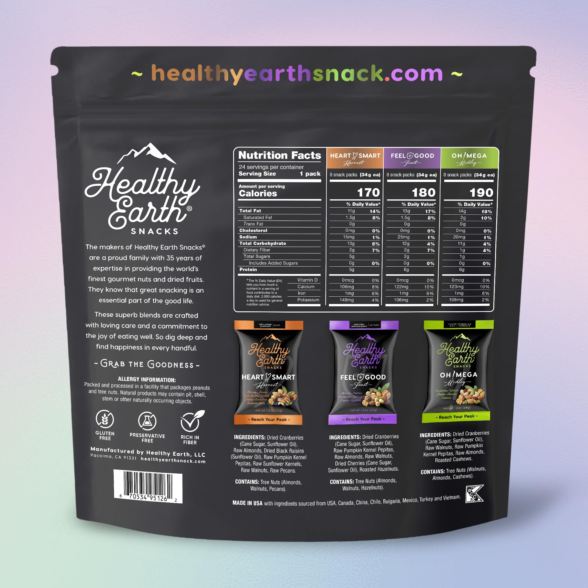 Healthy Earth Oh Mega Medley bag shows premium blends for busy days.
