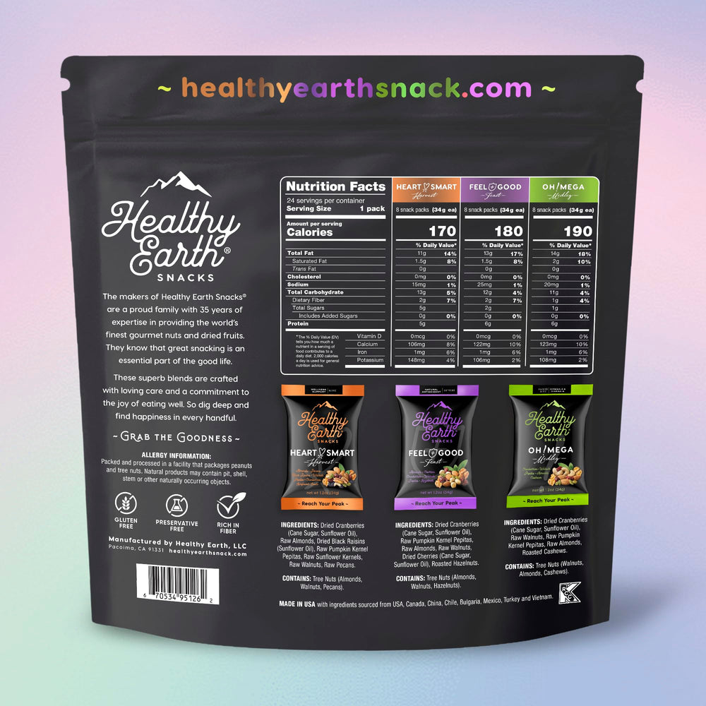 Healthy Earth Oh Mega Medley bag shows premium blends for busy days.