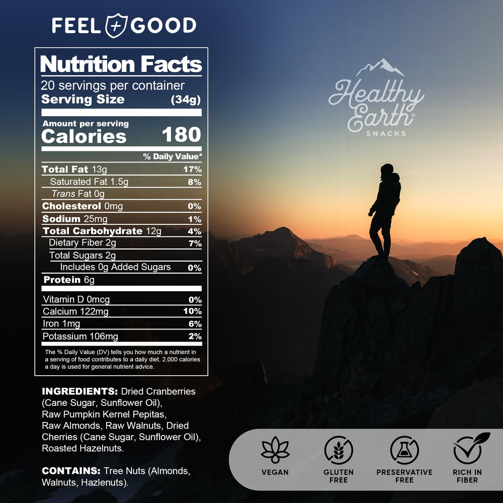 Healthy Earth Trail Mix No Peanuts bag shows peanut-free, portable snack.