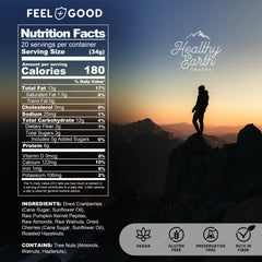 Healthy Earth Trail Mix No Peanuts bag shows peanut-free, portable snack.