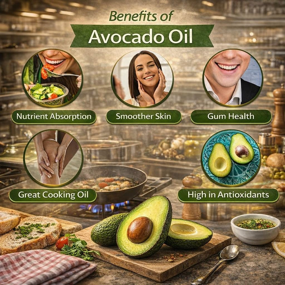 Healthy Harvest Avocado Oil label highlights non-GMO and natural processing.