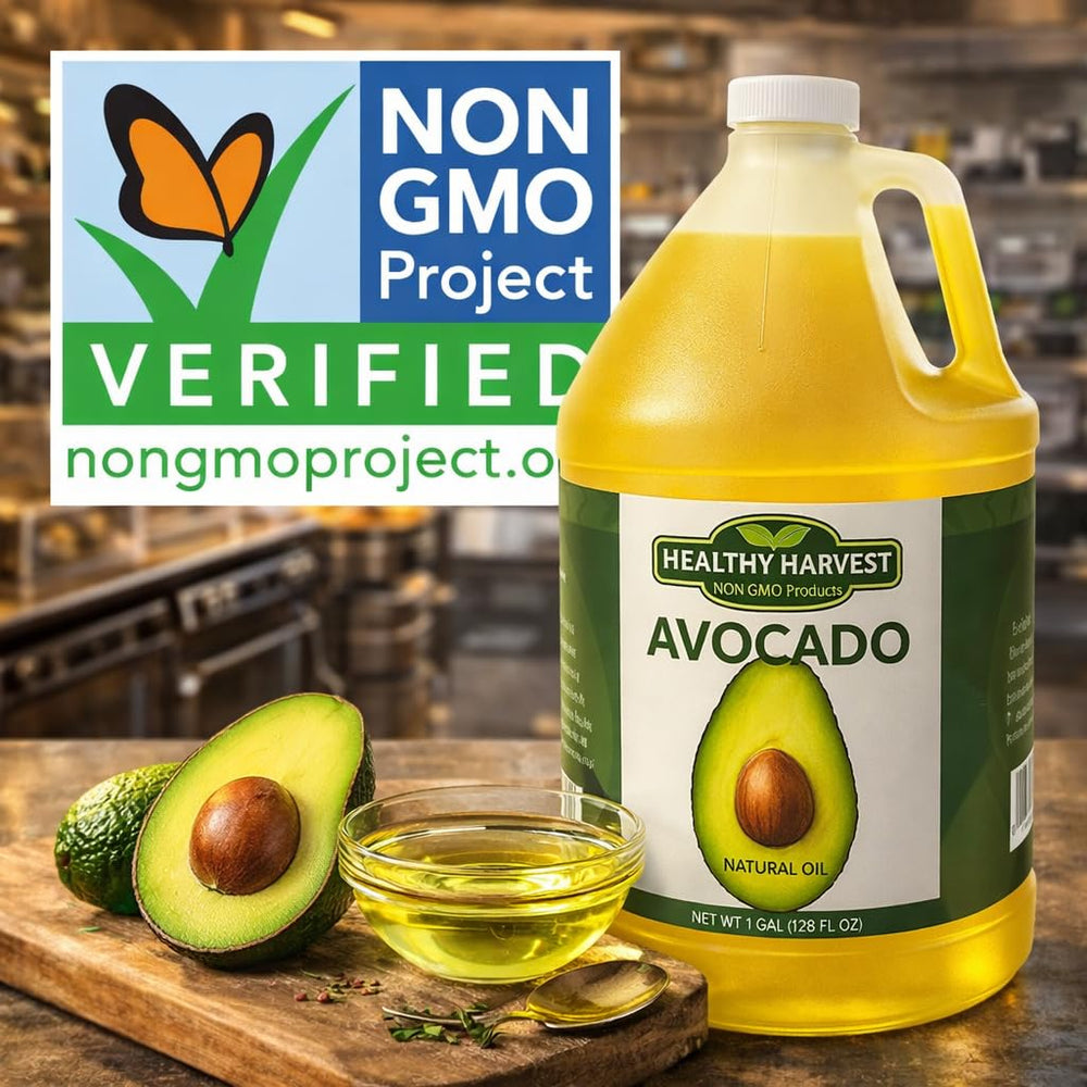 Healthy Harvest Avocado Oil packaging reflects farm-to-table traceability.