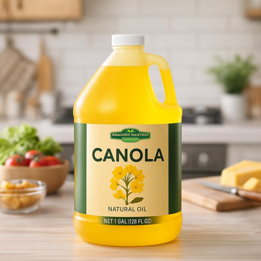 Healthy Harvest Canola Oil kitchen scene highlighting natural processing benefits