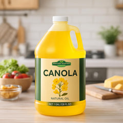 Healthy Harvest Canola Oil kitchen scene highlighting natural processing benefits