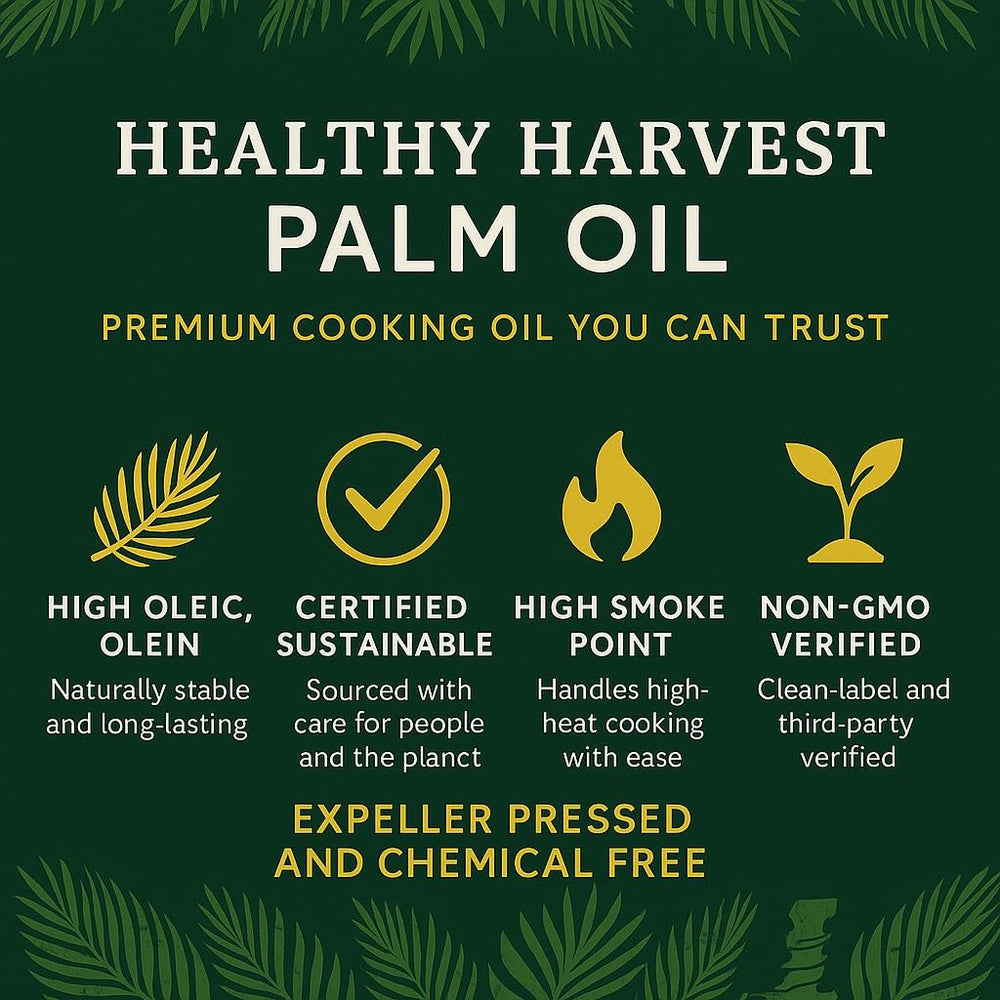 Healthy Harvest Palm Oil label closeup highlights non-GMO and sustainable sourcing