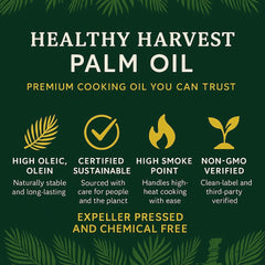 Healthy Harvest Palm Oil label closeup highlights non-GMO and sustainable sourcing