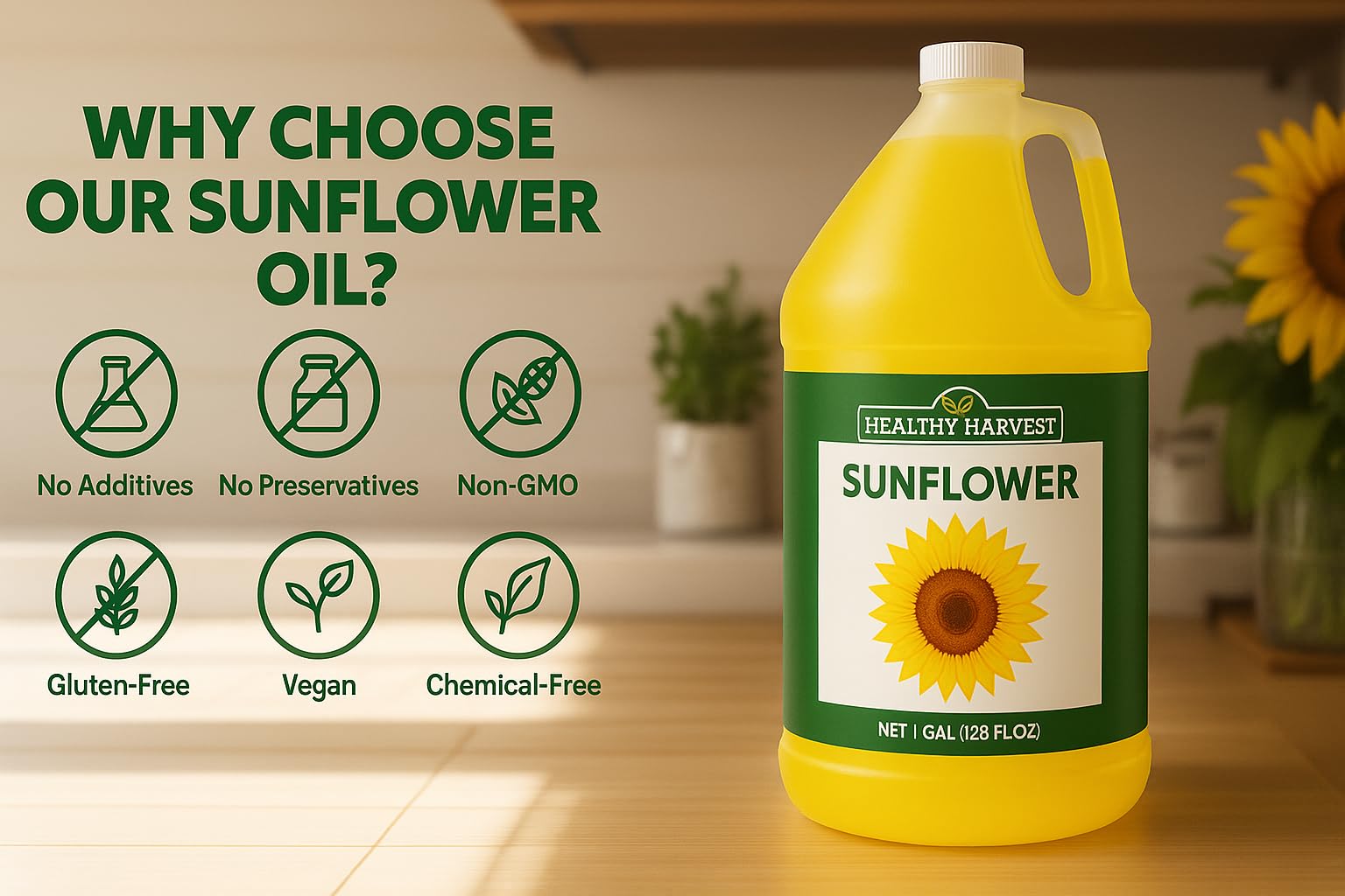 Healthy Harvest Sunflower Oil on pantry shelf indicating long shelf-life