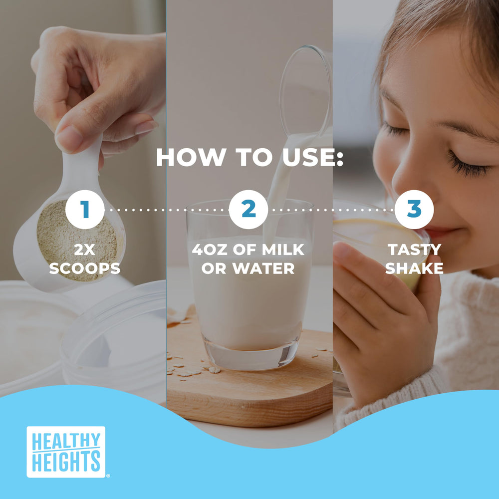 Healthy Heights Grow Daily vanilla shake beside a lunchbox for active kids.