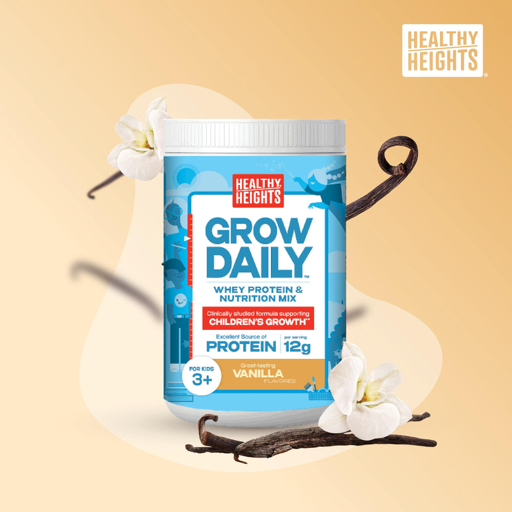 Healthy Heights Grow Daily vanilla kids protein shake poured into a glass after activity for kids.