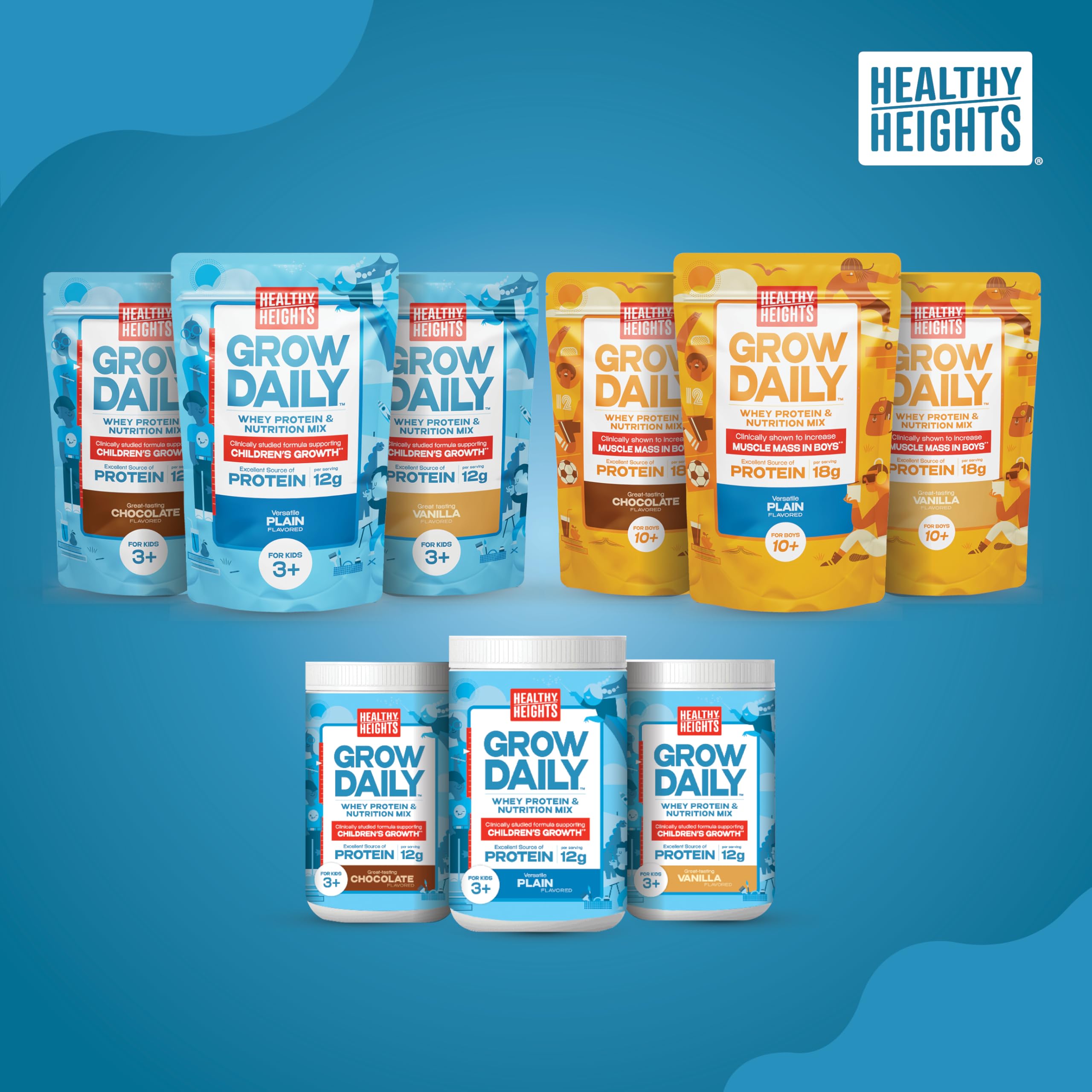 Healthy Heights Grow Daily vanilla nutrition for growth at home.