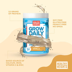 Healthy Heights Grow Daily vanilla protein powder scoop ready to mix into a smoothie.